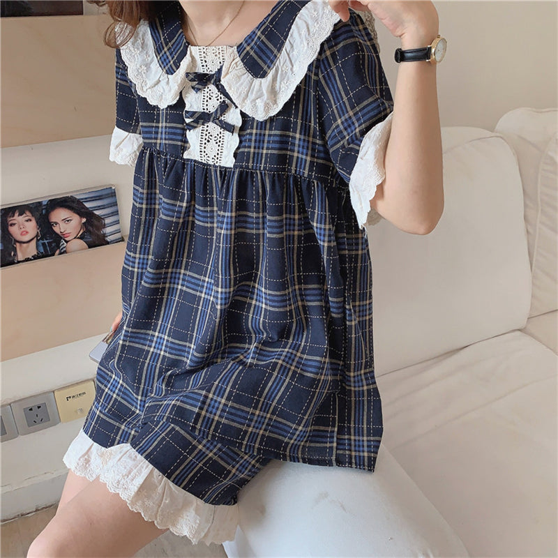 "NAVY CHECK LACE" PAJAMA SET N100906