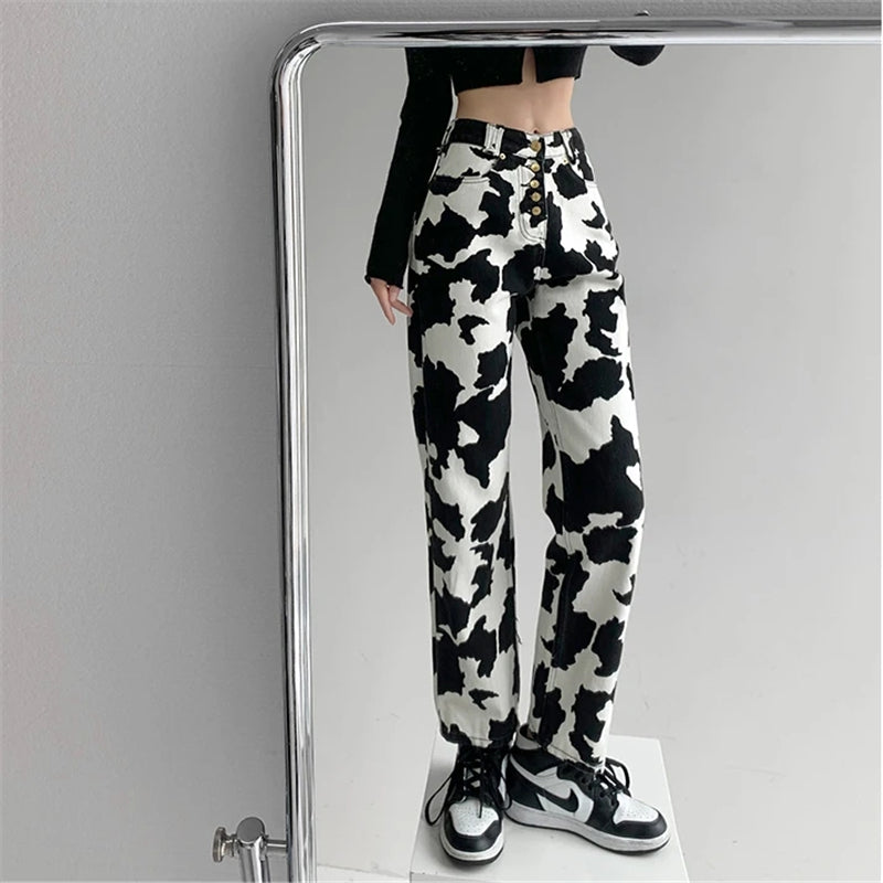 BLACK WHITE COW PRINT PANTS UB2486 – Uoobox