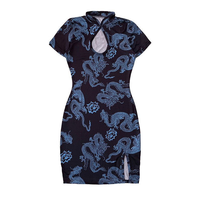 BLUE RETRO DRAGON CHEONGSAM DRESS UB2694