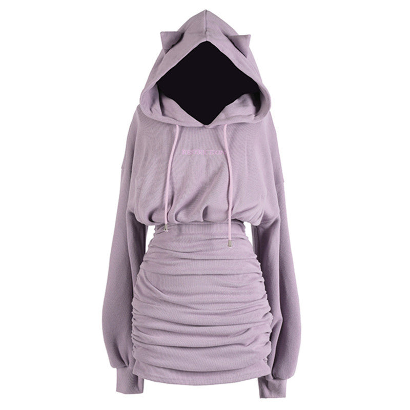 BLACK/PURPLE CAT EAR HOODIE DRESS UB2734