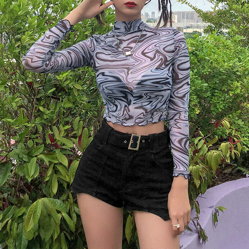 "MARBLE PRINT HALF HIGH COLLAR" CROP TOP N111010