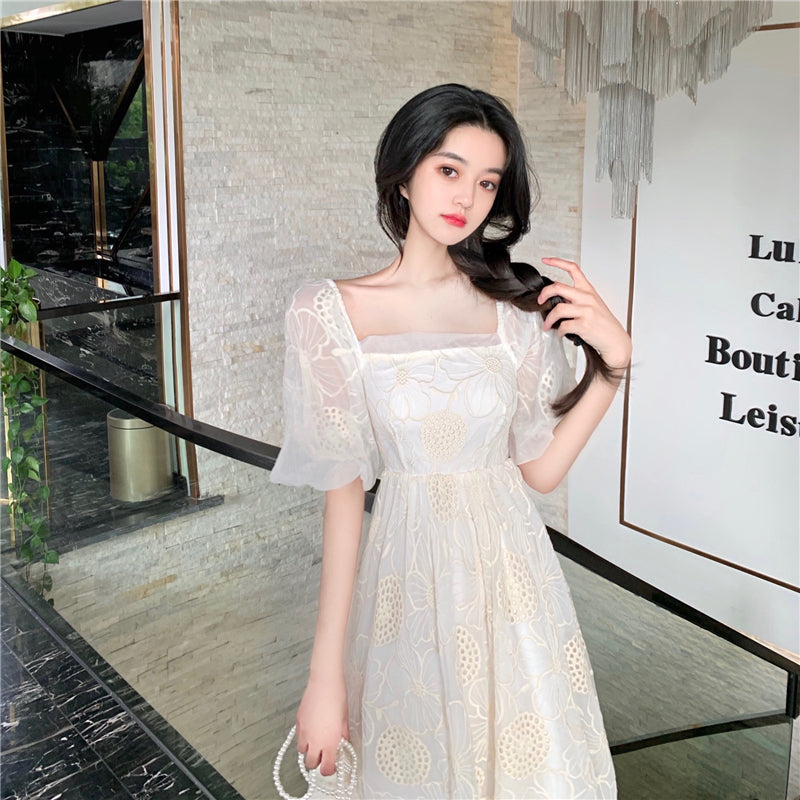 "WHITE RETRO HOLLOW EMBROIDERED FLOWER" DRESS N040804