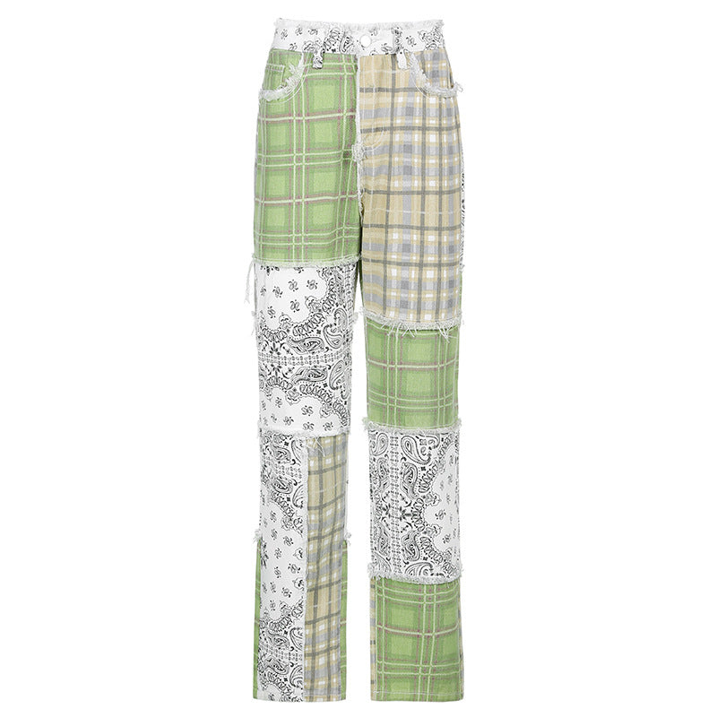 "GREEN RETRO PRINT FRAYED STITCHING" PANTS N022602