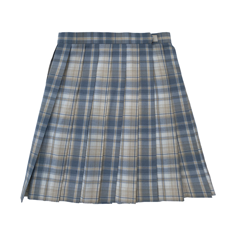 "JK LIGHT YELLOW BLUE PLAID PLEATED" SKIRT / TIE N073011