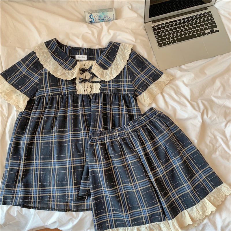 "NAVY CHECK LACE" PAJAMA SET N100906