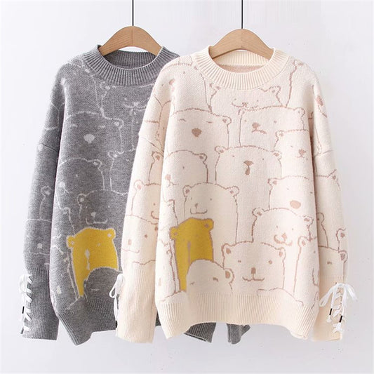 "BEAR PRINT CUFF TIE" SWEATER N123001