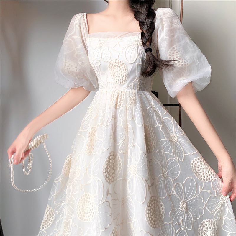 "WHITE RETRO HOLLOW EMBROIDERED FLOWER" DRESS N040804