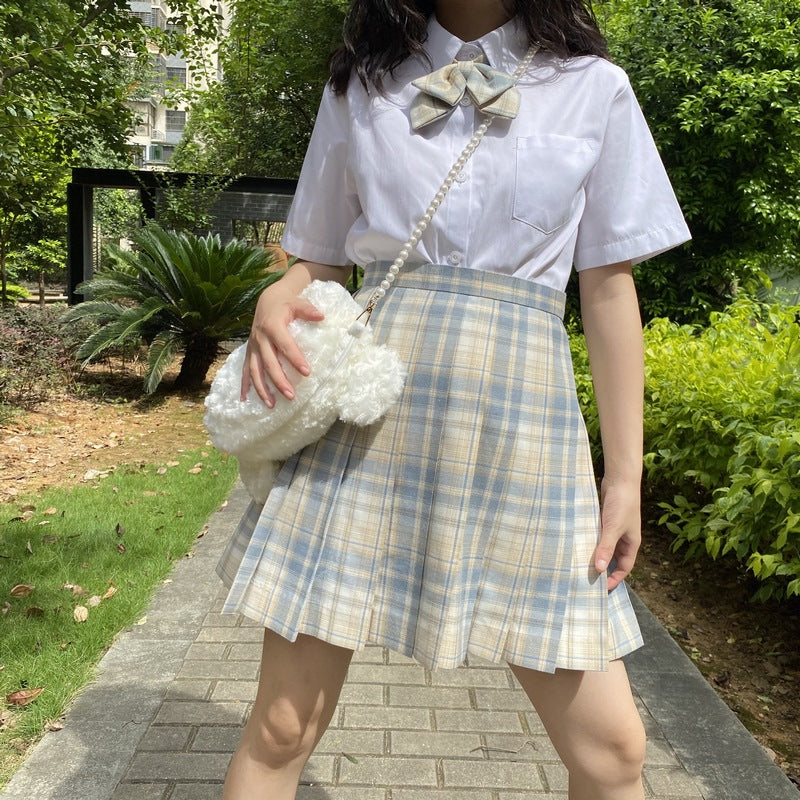 "JK LIGHT YELLOW BLUE PLAID PLEATED" SKIRT / TIE N073011