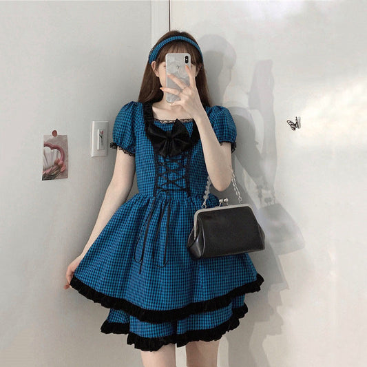 LOLITA BLUE PLAID BOW PUFF SLEEVE DRESS UB2731