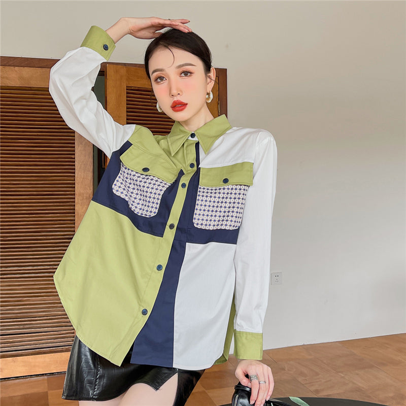 GREEN COLOR BLOCK CASUAL LONG-SLEEVED SHIRT UB2834