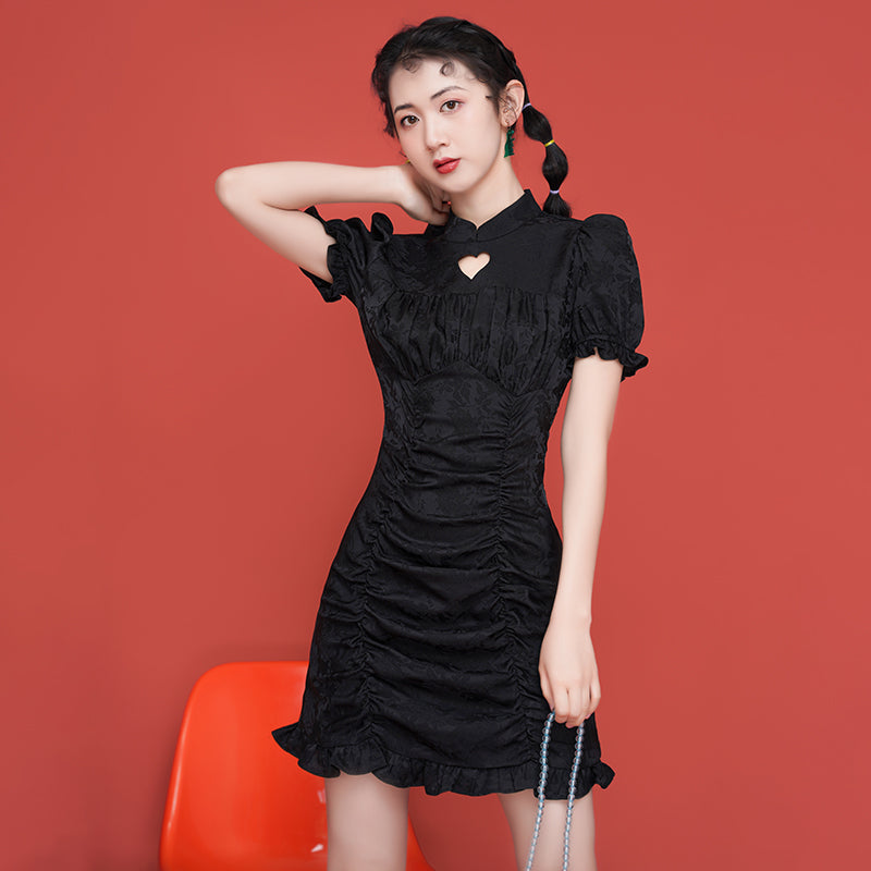 BLACK HOLLOW LOVE SATIN DRESS UB2733