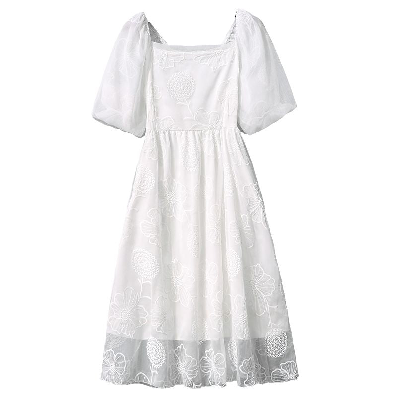 "WHITE RETRO HOLLOW EMBROIDERED FLOWER" DRESS N040804