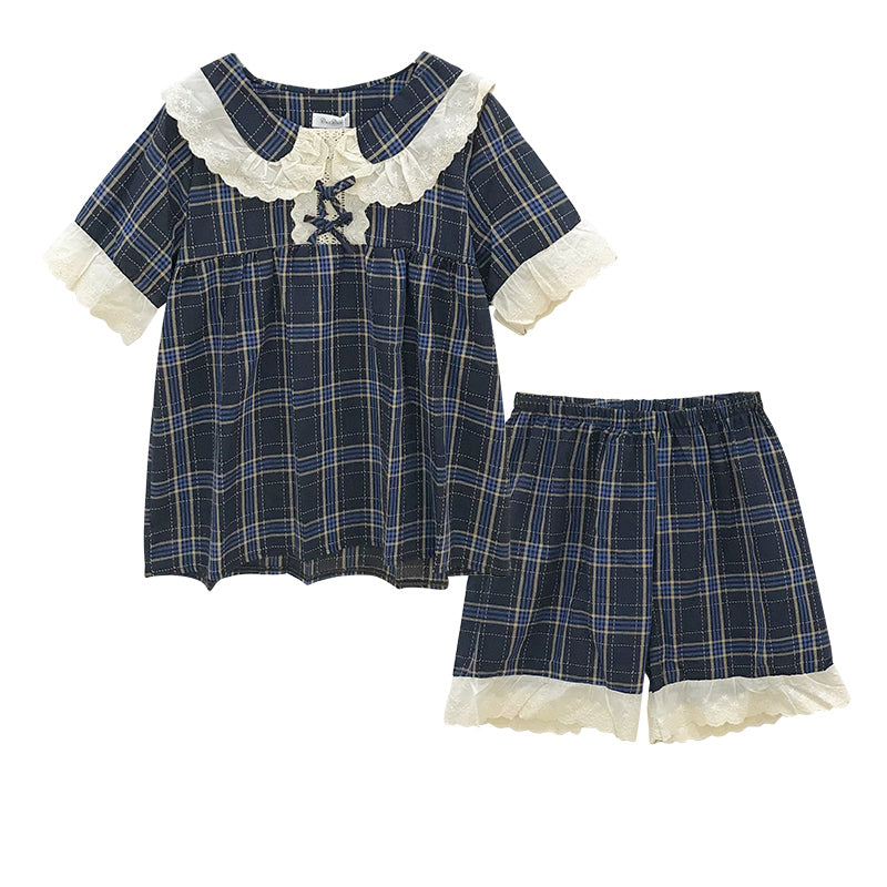 "NAVY CHECK LACE" PAJAMA SET N100906