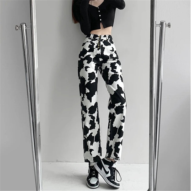 BLACK WHITE COW PRINT PANTS UB2486