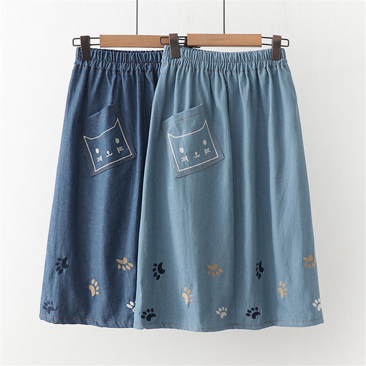 BLUE CAT FOOTPRINT EMBROIDERED DENIM SKIRT UB2498