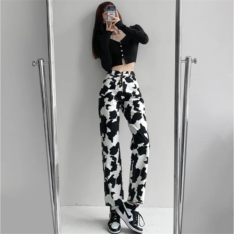 BLACK WHITE COW PRINT PANTS UB2486