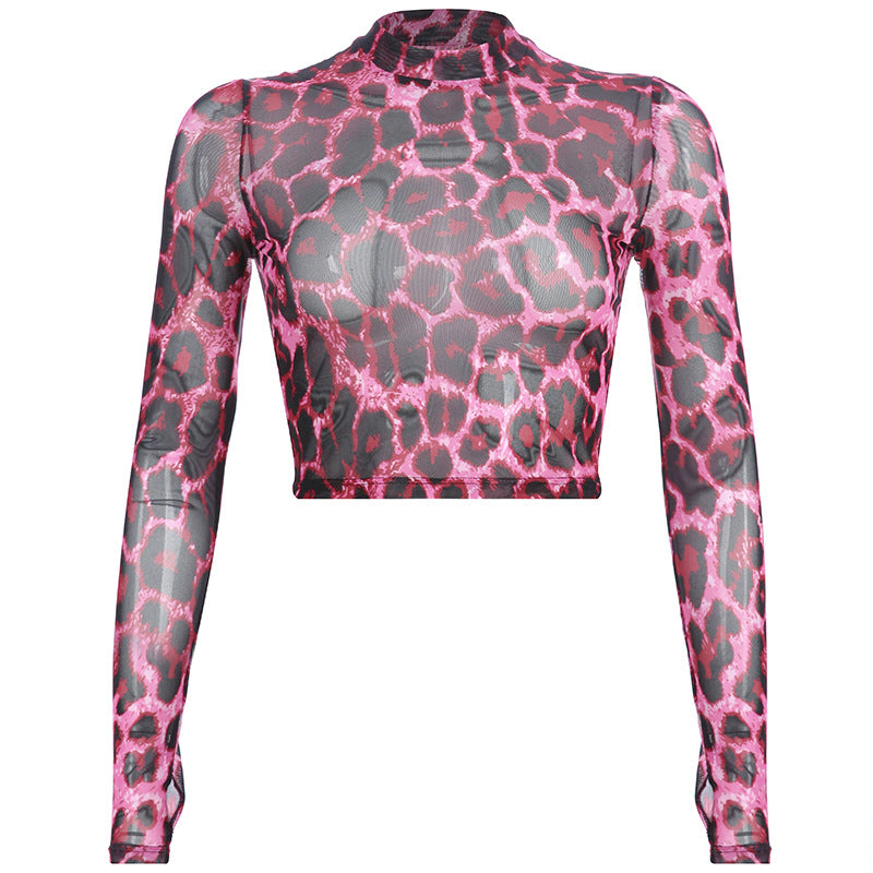 "PINK LEOPARD MESH" CROP TOP N090206