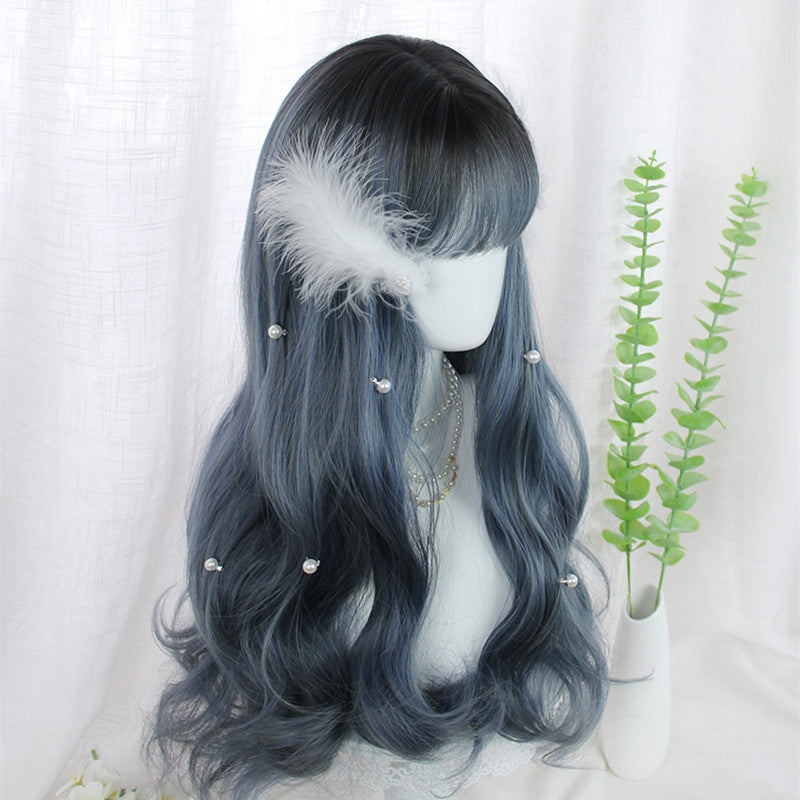 "BLUE GRAY BANGS LONG CURLY" WIG D051223