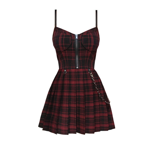 "RED BLACK PLAID PLEATED STRAP" DRESS D060503