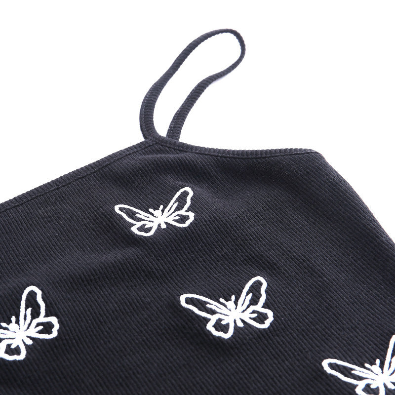 "BLACK BUTTERFLY PRINT SLING" CROP TOP D051208