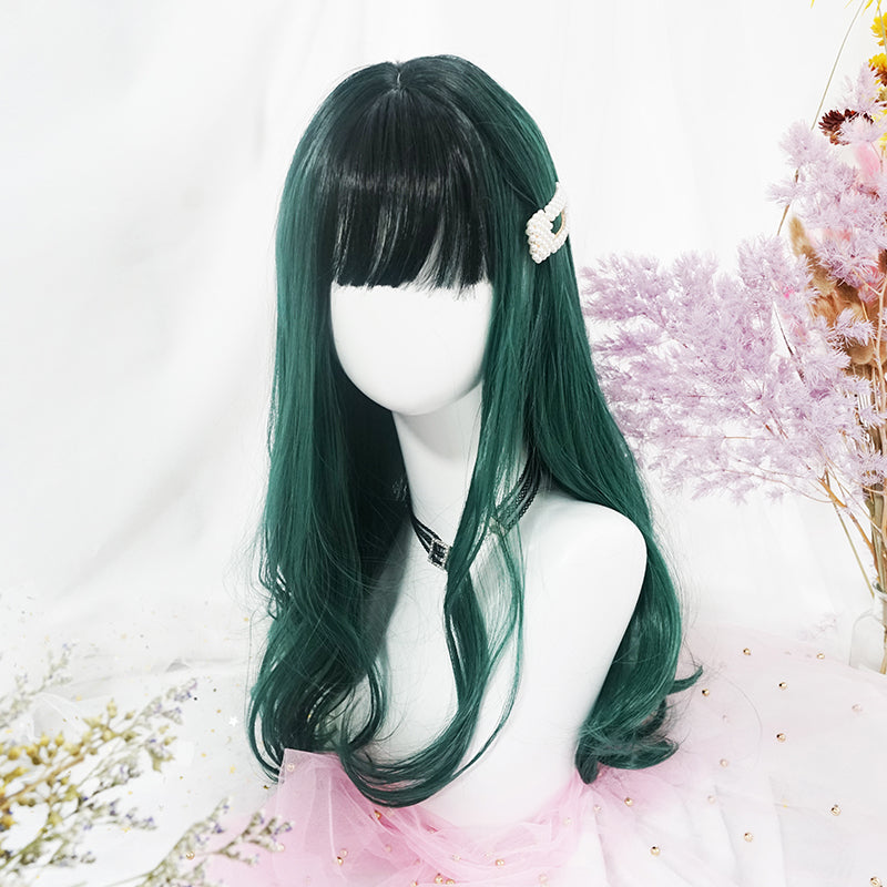 "DARK GREEN BANGS BIG WAVY LONG CURLY" WIG D051512