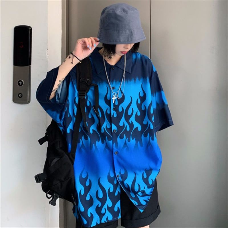 "BLUE FLAME PRINT SHORT SLEEVE" SHIRT D051505