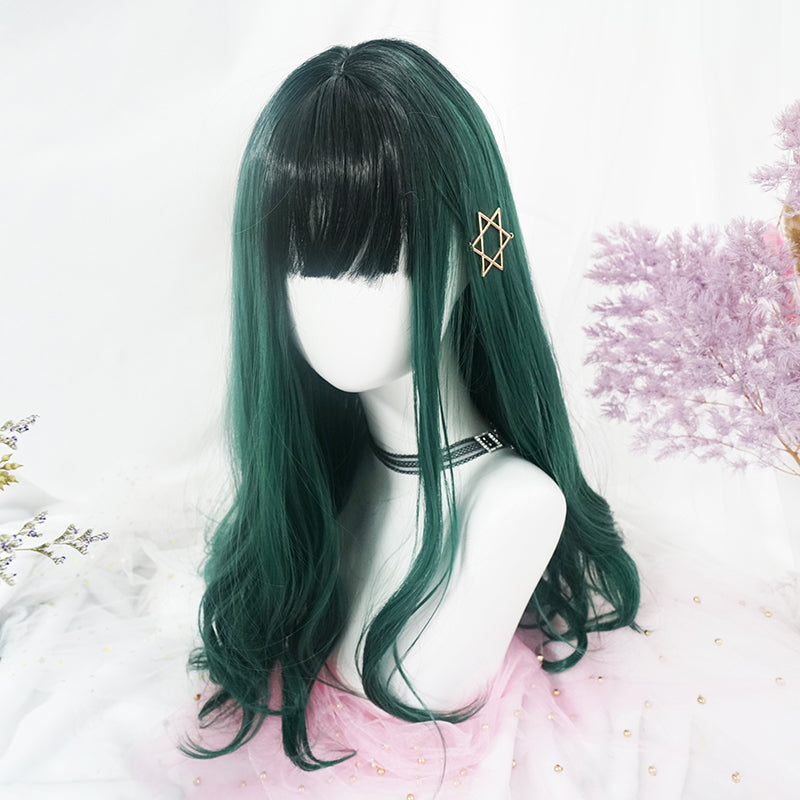 "DARK GREEN BANGS BIG WAVY LONG CURLY" WIG D051512