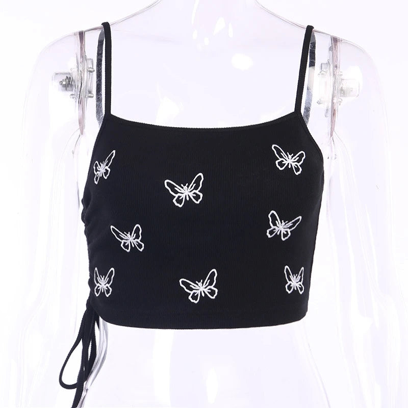 "BLACK BUTTERFLY PRINT SLING" CROP TOP D051208