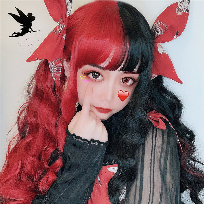 [@venomous_dolly] "HALF RED HALF BLACK LONG CURLY" WIG D072104