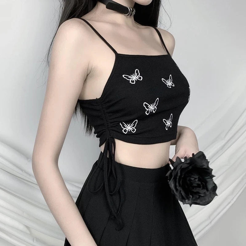 "BLACK BUTTERFLY PRINT SLING" CROP TOP D051208