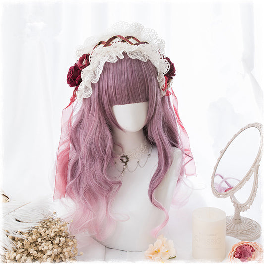 "PURPLE GRADIENT PINK BANGS LONG CURLY" WIG D071415